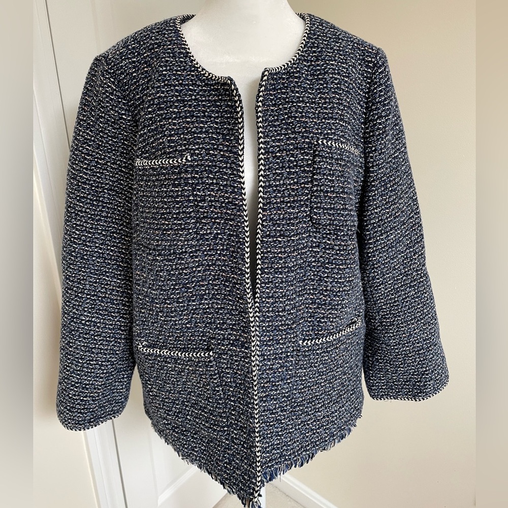Talbots Blue & Cream Tweed Open Jacket with Fringe and Braid Detail